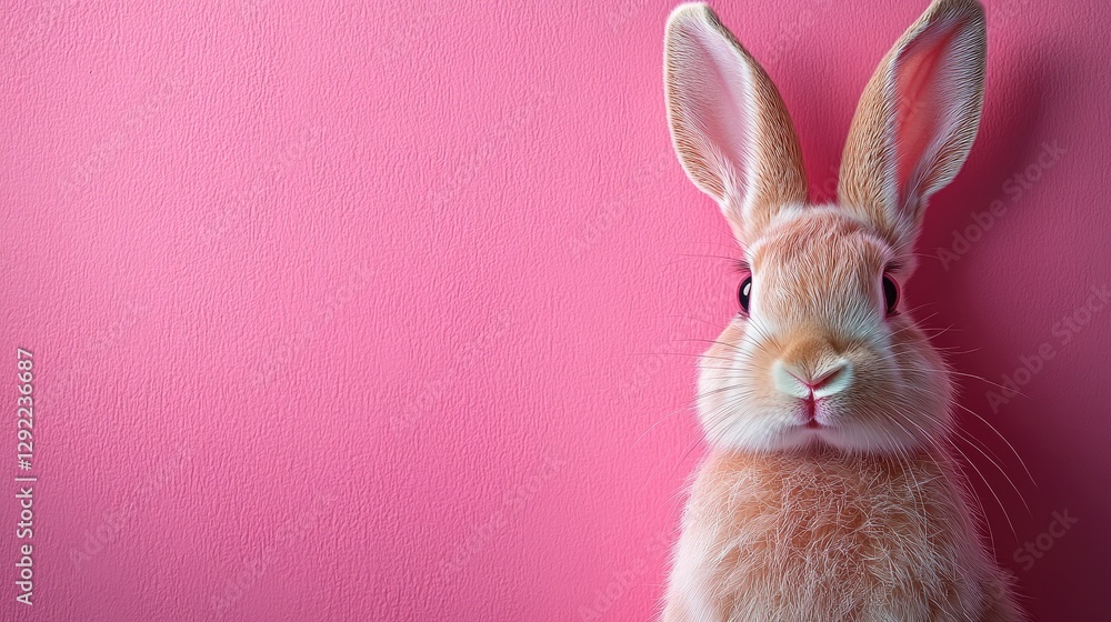 Obraz premium Photo of a little bunny, on a soft pink background Easter theme