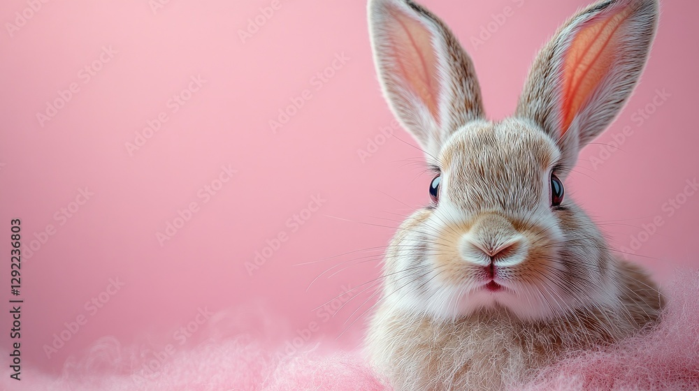 Obraz premium Photo of a little bunny, on a soft pink background Easter theme