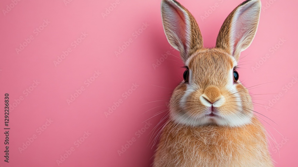 Obraz premium Photo of a little bunny, on a soft pink background Easter theme