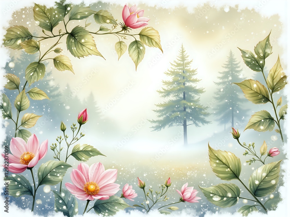 Obraz premium Tranquil floral landscape with misty forest background