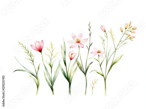 A delicate arrangement of soft pink wildflowers and greenery