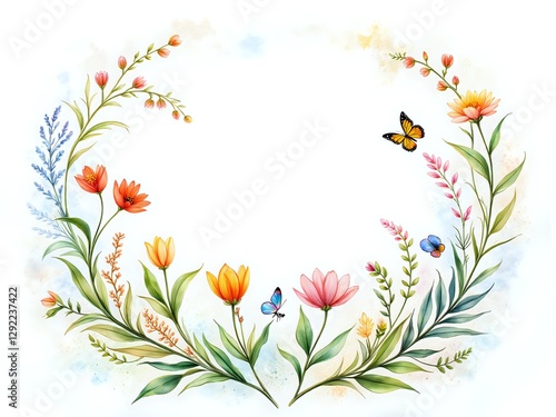 Colorful floral frame with butterflies and soft watercolor background