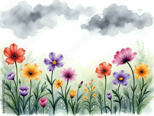 A vibrant display of wildflowers against a cloudy sky