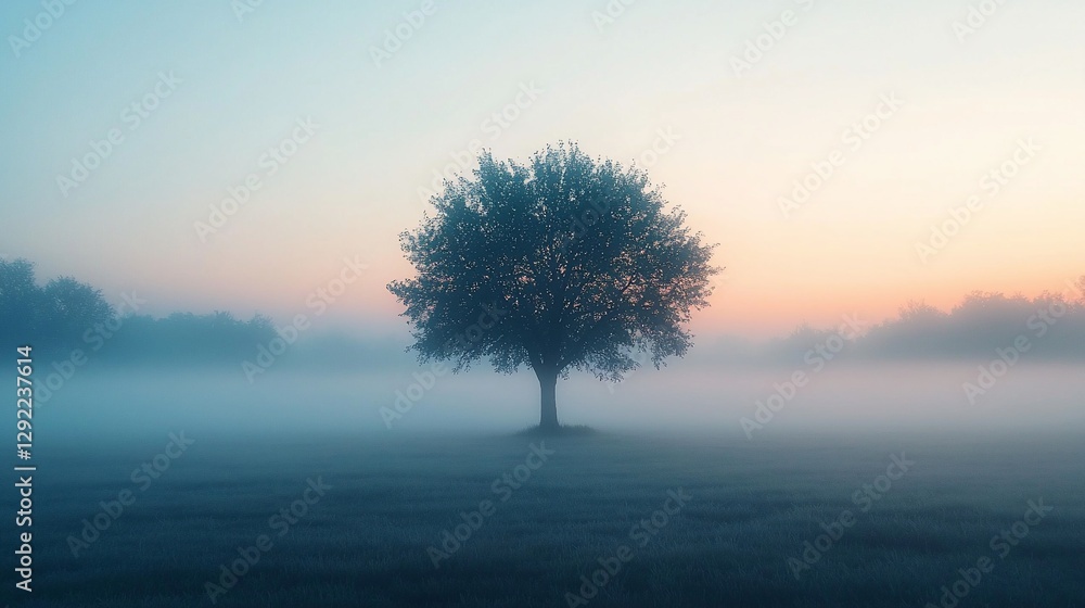 Obraz premium Solitary tree in misty sunrise field.