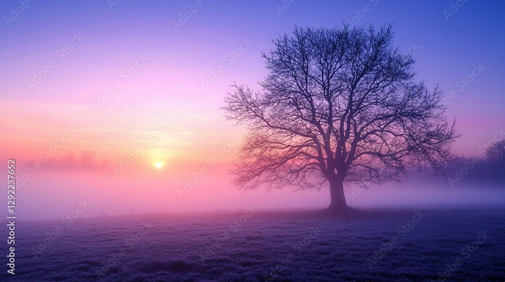 Solitary tree in foggy sunrise landscape. Solitary tree in foggy sunrise landscape.