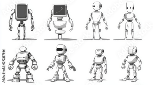 Wallpaper Mural Cartoon set of robot evolution levels. Vector illustration of futuristic ai characters with wheel, legs and arms, screen face design progress. Modern technology development. Game avatar collection Torontodigital.ca