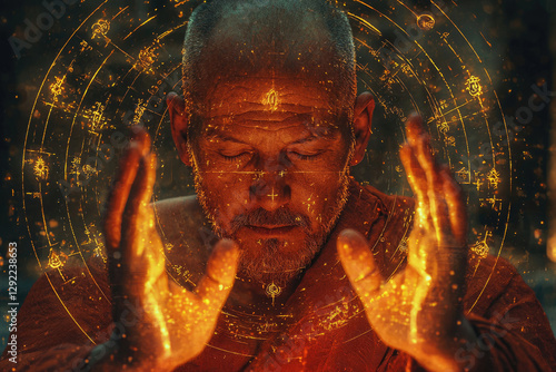 A balding man with closed eyes, glowing hands, surrounded by golden symbols, appears to be meditating or channeling energy.