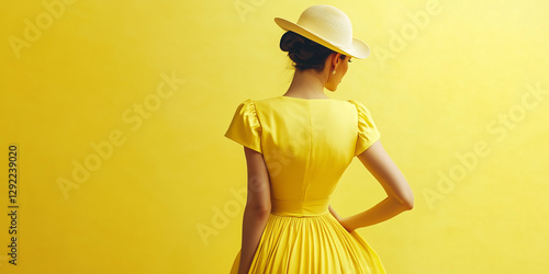 Stylish woman in 1950s yellow dress and hat against yellow background, rear view