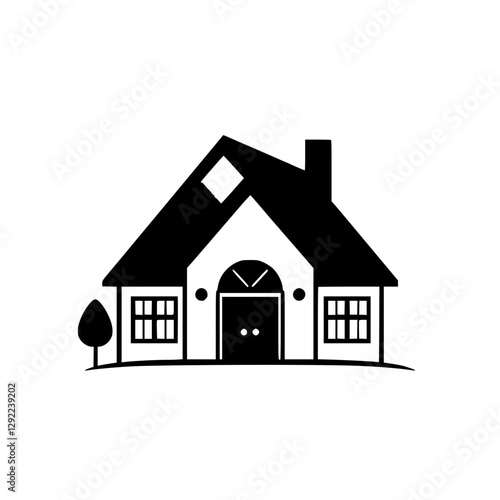 Stylized Black and White House Silhouette with Chimney and Tree, Featuring Grayscale Palette on Roof.