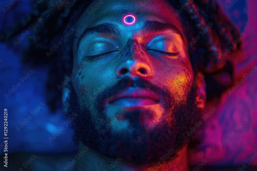 A man with dreadlocks meditates, illuminated by vibrant neon lights, a circular light on his forehead. A man with dreadlocks meditates, illuminated by vibrant neon lights, a circular light on his forehead.