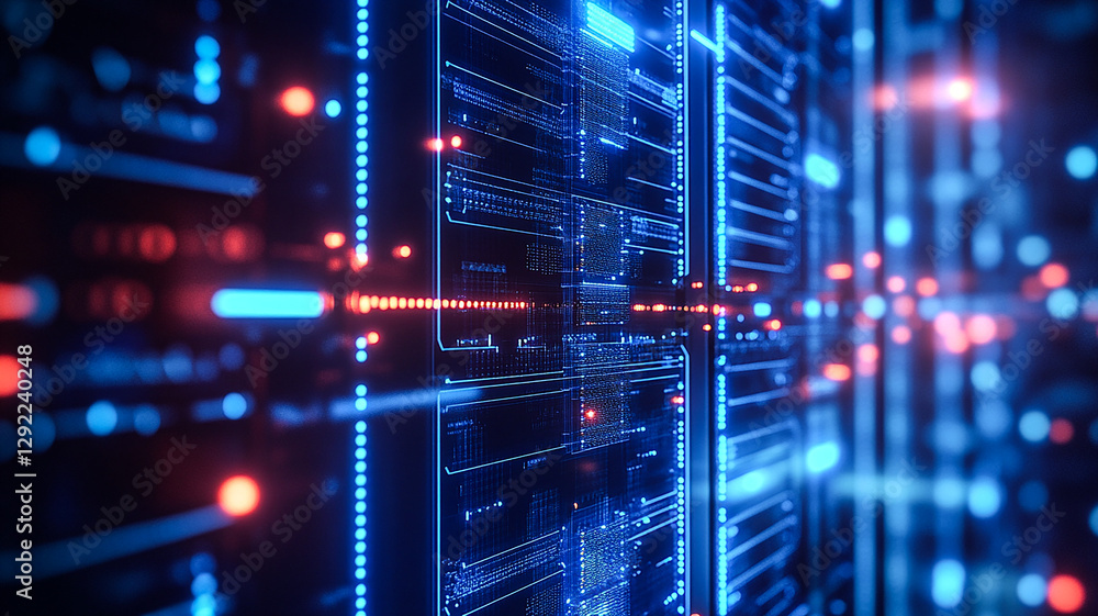 Fototapeta premium Futuristic Server Room Data Flowing Blue Red Lights Technology