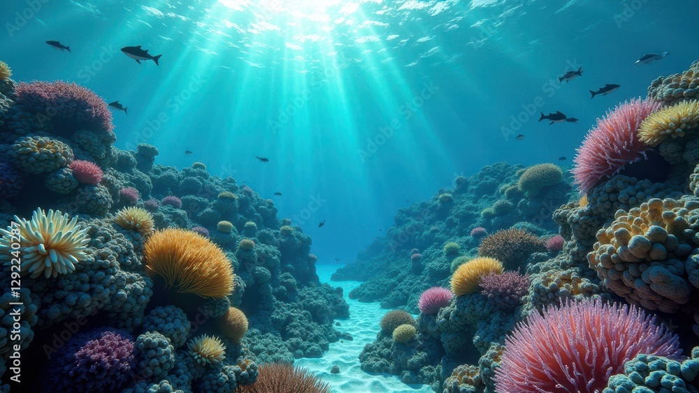 Obraz premium Underwater coral reef with bleached and colorful corals affected by climate change 