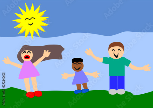 Childish doodle drawing with three happy kids