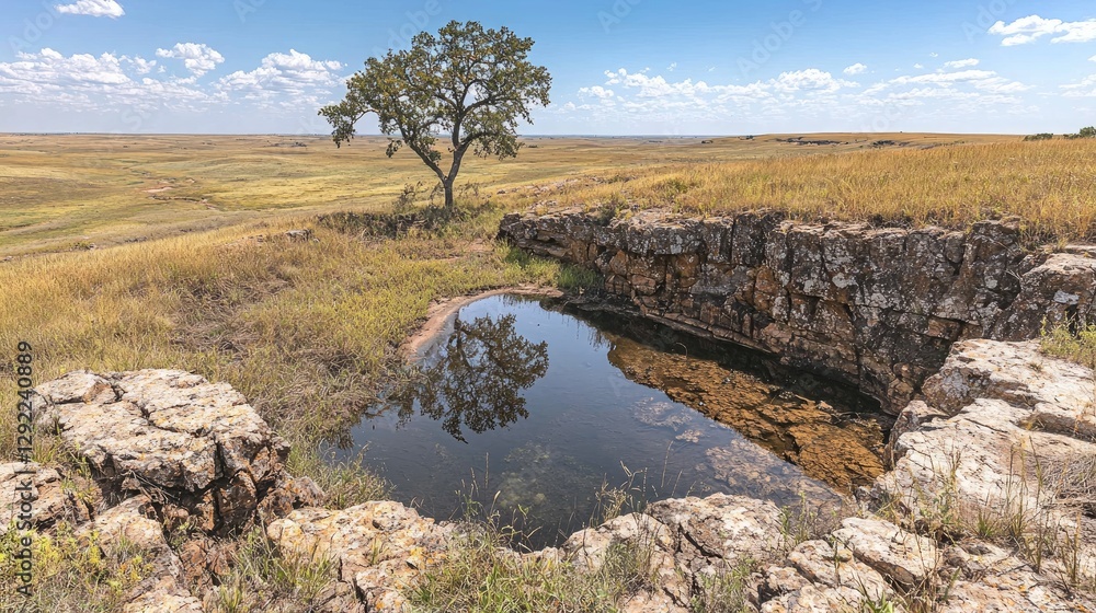 Lone tree, prairie pool, rocky outcrop, summer sky Lone tree, prairie pool, rocky outcrop, summer sky