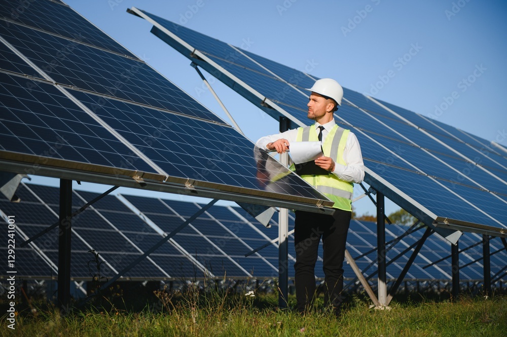 Portrait of a successful businessman or engineer inspecting the operation of solar panels. The concept of green energy Portrait of a successful businessman or engineer inspecting the operation of solar panels. The concept of green energy