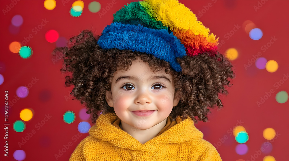 Happy toddler in rainbow hat, red bokeh background Happy toddler in rainbow hat, red bokeh background
