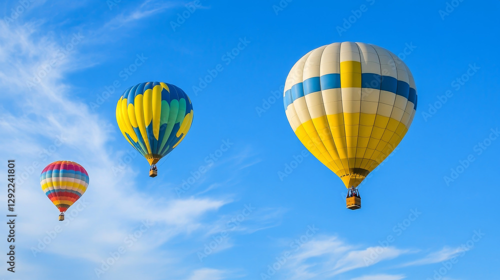 Fototapeta premium Realistic set of hot air balloon mockups isolated on transparent background. Vector illustration of white and yellow blue color inflatable aircraft with basket for recreation travel, flight adventure