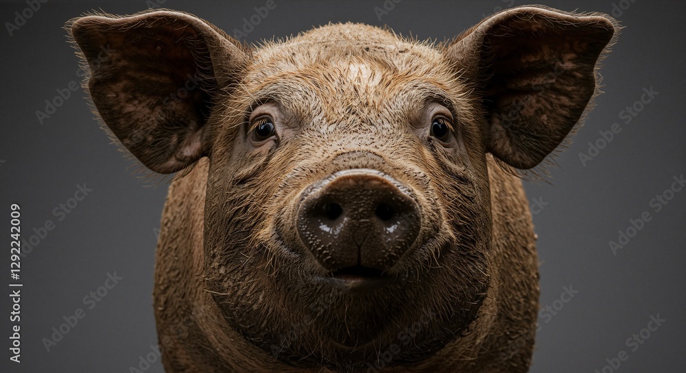 Fototapeta premium Pig with expressive features and muddy texture exuding a charming personality against a dark background