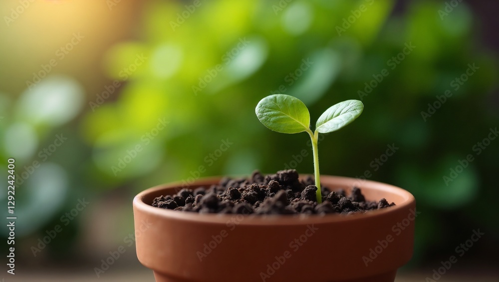 Small green seedling emerging from soil in a terracotta pot with blurred greenery in the background
Small green seedling emerging from soil in a terracotta pot with blurred greenery in the background