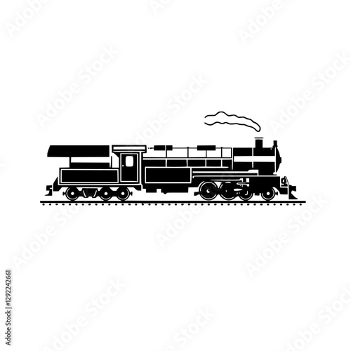Simple black and white illustration of a steam train with smoke plume, side view, set against a white background.