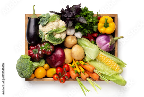 Healthy organic food. Fresh vegetables assortment in wooden box on white background, top view