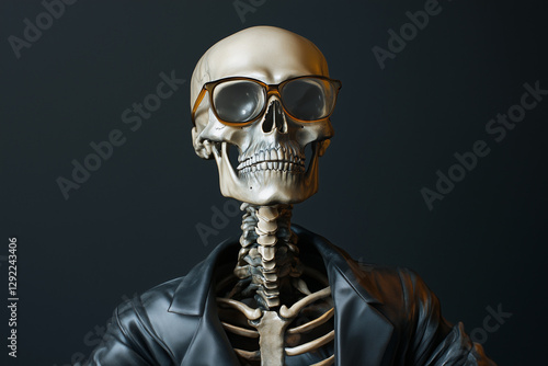 A strikingly detailed skeleton dons surgical attire complete with glasses, showcasing the fascinating intersection of medicine and morbid imagery for Halloween-themed art. Hyper-realistic