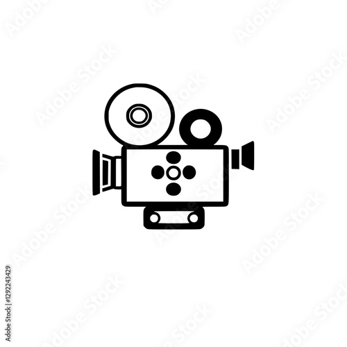 Classic Film Camera Outline: Black and white, minimalist cinema icon on white, movie camera silhouette for media and movie productions.