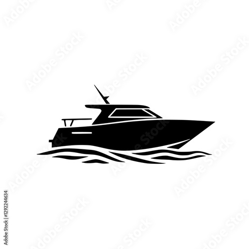 Sleek black motorboat cruising, silhouette against white.