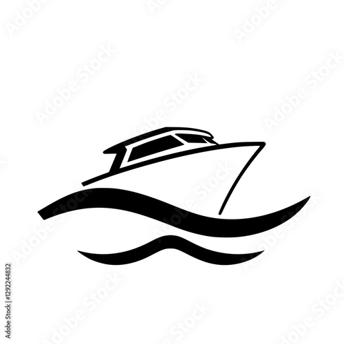Modern yacht silhouette graphic against white background, depicting a speedboat sailing on black waves.