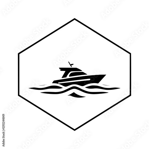 Black and White Icon of a motorboat on sea waves within a hexagon.