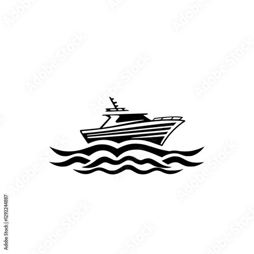 Boat silhouette over wavy waters, a minimalist black and white illustration of a motorboat in motion.