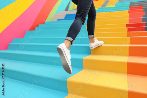 one step ahead: one step,  ahead, step ahead, young man Walking Up on Staircase, challenging Concept, Steps Forward into a Success. 
