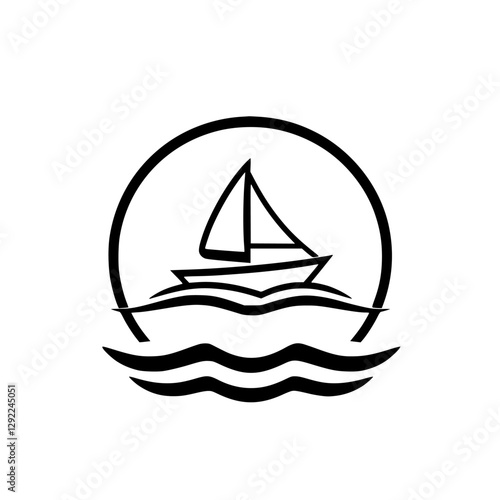 Black and white minimalist illustration of a sailboat sailing on stylized waves within a circle.