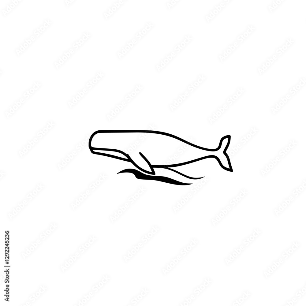 Fototapeta premium Minimalist depiction of a whale silhouette swimming above waves in a white background.