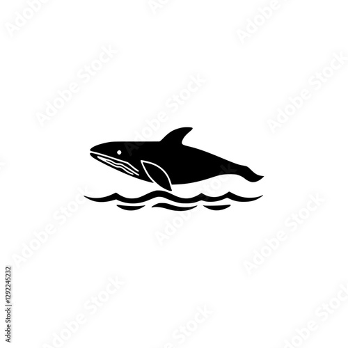 Black silhouette of a whale breaching over waves on white background. Simple, clean, and minimalist design.