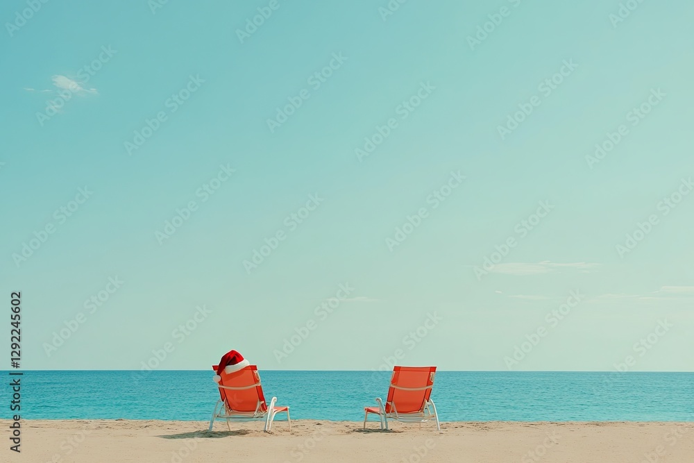 Sun loungers adorned with Santa's hats on the beach, room for text. Christmas vacation Sun loungers adorned with Santa's hats on the beach, room for text. Christmas vacation
