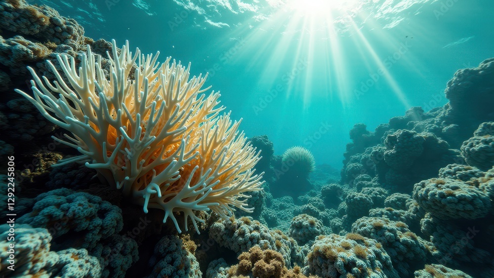 Bleached coral reef underwater showing effects of climate change Bleached coral reef underwater showing effects of climate change