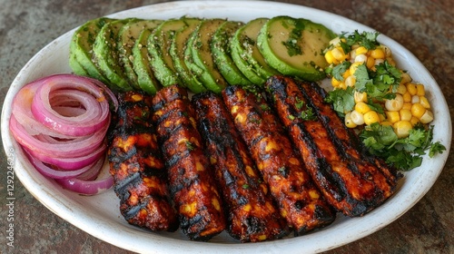 Grilled corn & avocado plate on rustic table photo