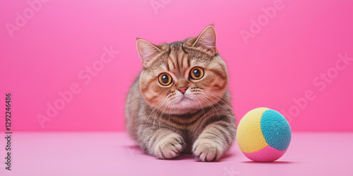 Cat playing with a toy ball isolated on a color background