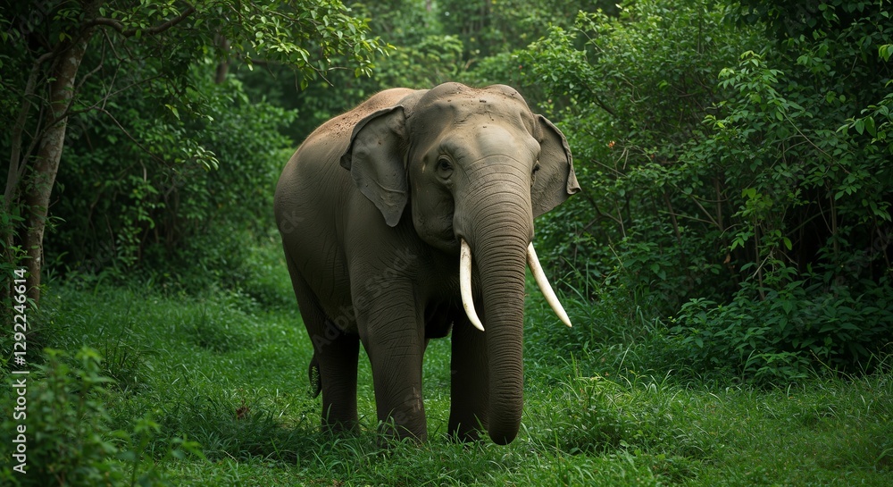 Obraz premium Elephant in lush green forest, conveying tranquility and strength, standing majestically among dense foliage