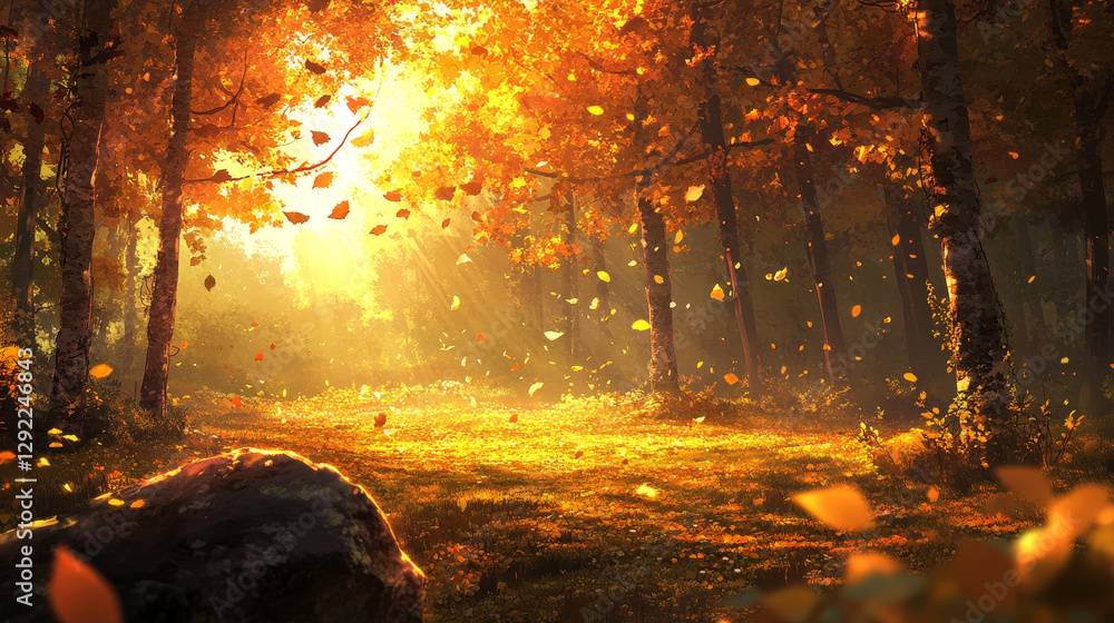 Fototapeta premium Autumn jungle forest landscape with magic sunlight beam. Mysterious fall vector illustration with sun light ray, liana on trees and glade. Tropical meadow with rock on ground and falling leaves.