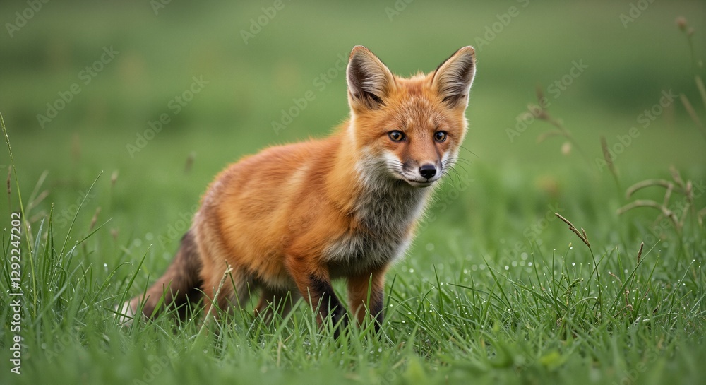 Red fox standing gracefully in lush green grass, exuding a curious and playful mood, observing its surroundings with keen attention in a serene natural landscape Red fox standing gracefully in lush green grass, exuding a curious and playful mood, observing its surroundings with keen attention in a serene natural landscape