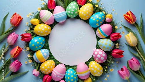 Colorful Easter Eggs and Tulips Floral Arrangement with Blank Circle