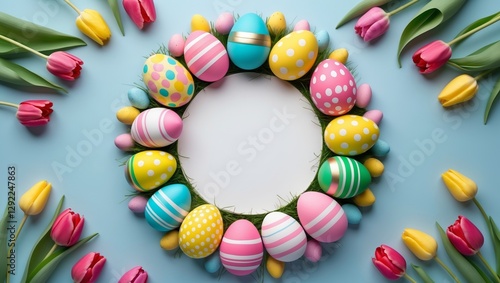 Colorful Easter Egg Wreath with Spring Flowers and Copy Space