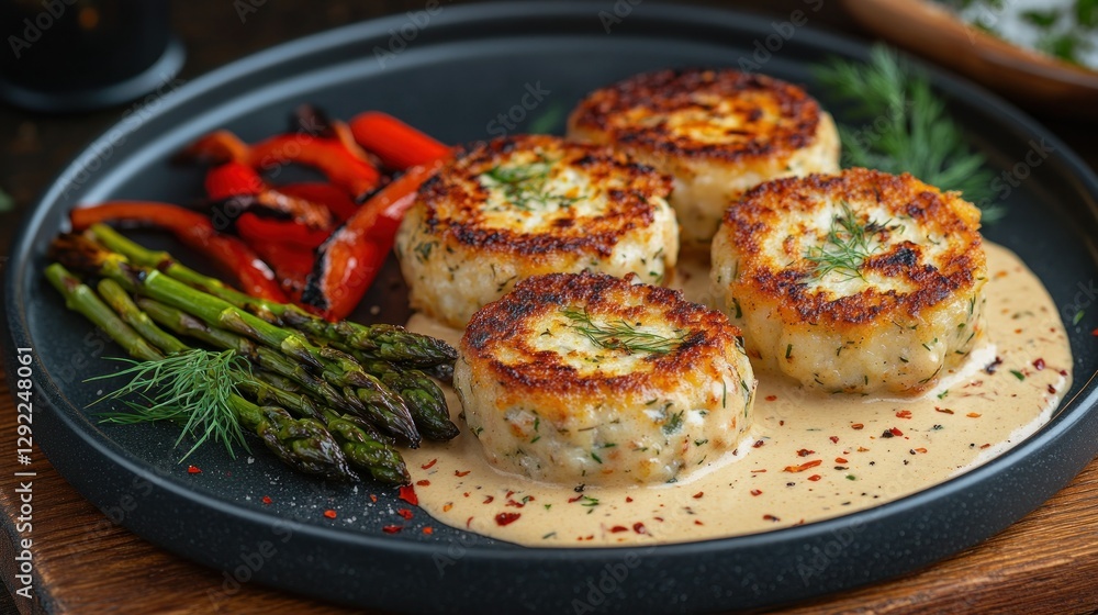 Grilled pepper, asparagus, and rice cakes in creamy sauce on a dark plate Grilled pepper, asparagus, and rice cakes in creamy sauce on a dark plate
