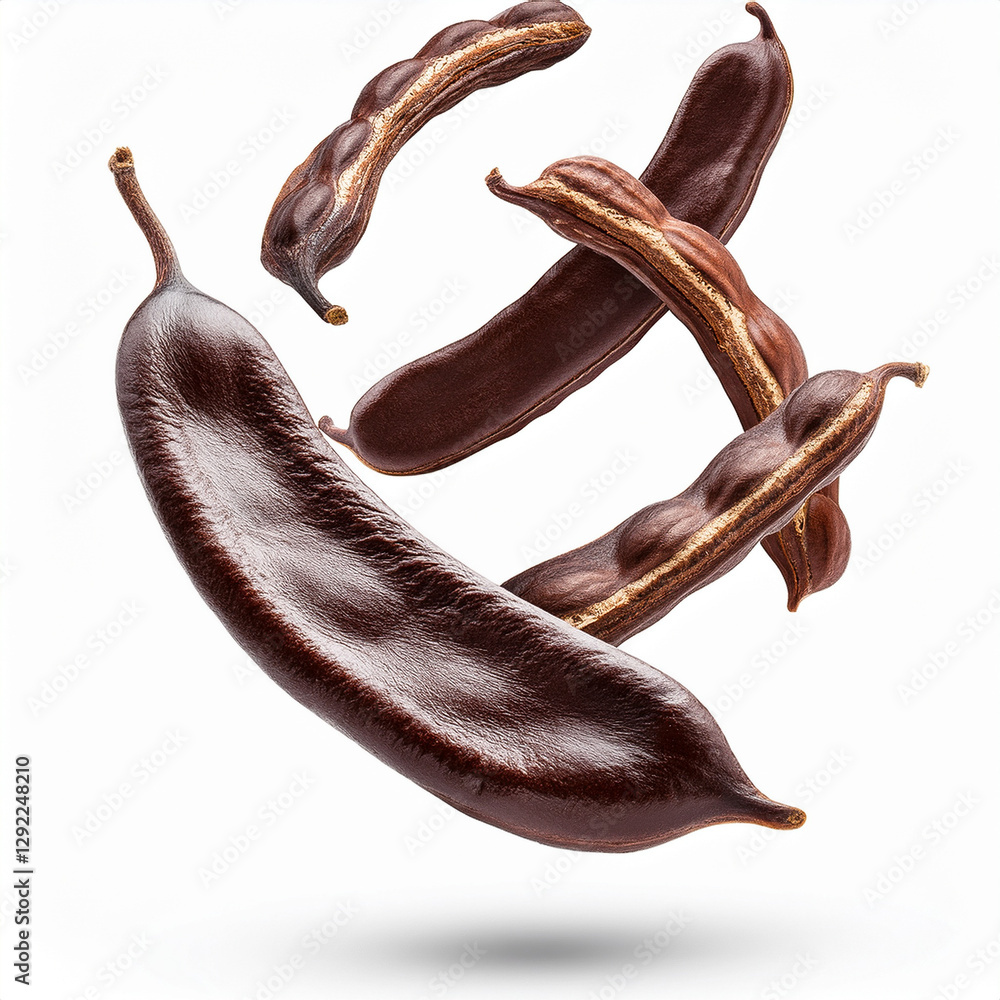 Ground carob flying isolated on white background, clipping path Ground carob flying isolated on white background, clipping path