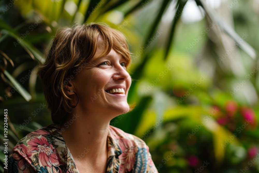 Portrait of a smiling middle-aged woman in a tropical garden Portrait of a smiling middle-aged woman in a tropical garden