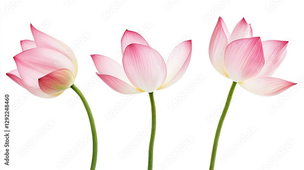 Fototapeta premium A trio of vibrant pink blossoms rests atop a pristine white background, their verdant stems contrasting brilliantly