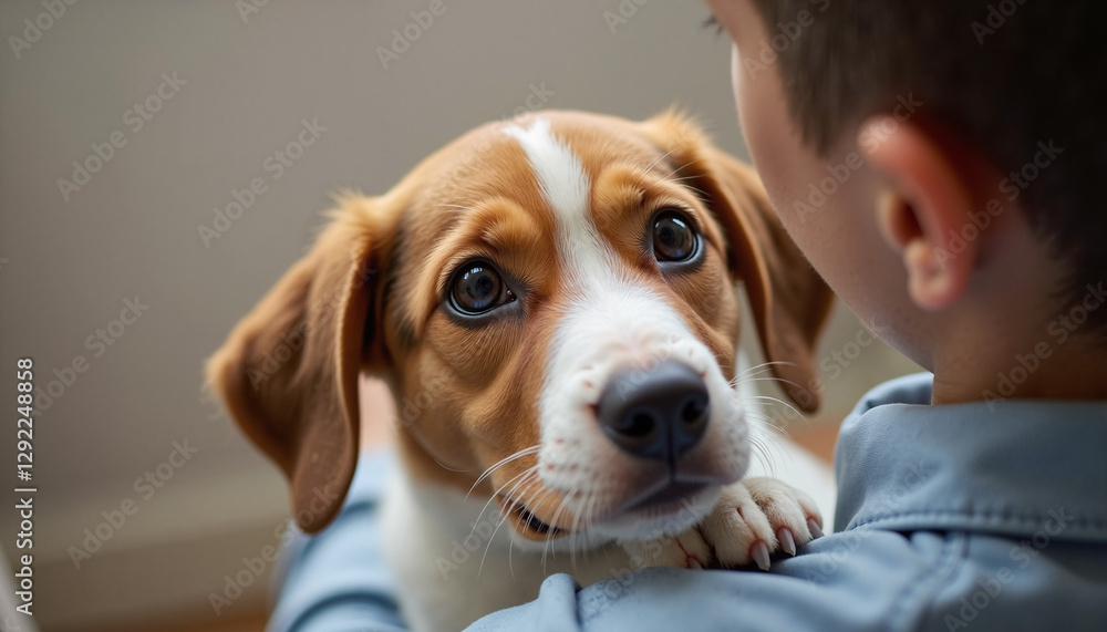 Boy holding puppy with affectionate gaze indoors Boy holding puppy with affectionate gaze indoors