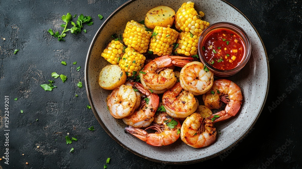 Grilled shrimp, corn, and potatoes with chili sauce on dark background Grilled shrimp, corn, and potatoes with chili sauce on dark background